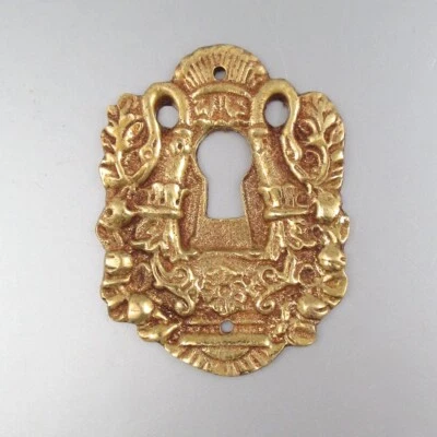 Antiguo escudo francés de bronce, cubierta de llave, estilo imperio, cisne, frutas Foto 1 de 4