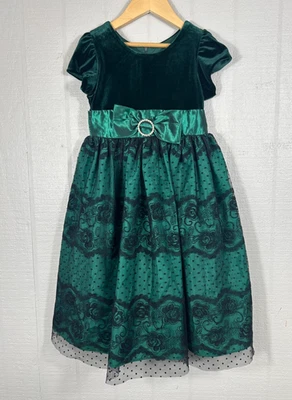 Vestido princesa Jayne Copeland meninas 6 veludo verde saia de renda strass laço - Imagem 1 de 4