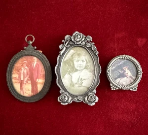 3 VTG Miniature Floral Picture Frames wi Old Photos Silver Pewter Victorian Rose - Picture 1 of 24