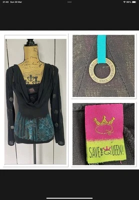 Save The Queen Black Cowl Neck Mesh Overlay Tunic Large Looks Unworn B21* - Image 1 of 4