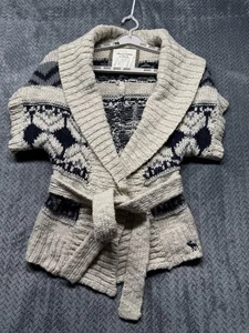 Abercrombie Fitch Shawl Collar Knit Cardigan Sweater Belt S Cream Navy Fair Isle - Picture 1 of 10