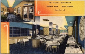 Vintage 1950s EVANSVILLE, Indiana Postal Hotel Vendome "BOURBON ROOM" Lino - Imagen 1 de 2