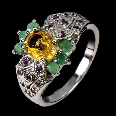 Anillo de plata de ley 925 ovalado citrino amatista esmeralda piedras preciosas joyería talla 9 Foto 1 de 4