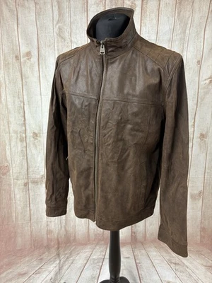 M&S North Coast Suede Leather Jacket Mens Large L Brown Full Zip Biker Racer - Image 1 of 4
