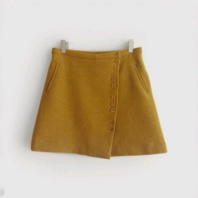 LILITH Paris Mustard Yellow Wool Side Button Wrap A-Line Mini Skirt | SIZE M - Image 1 of 4