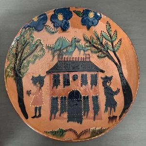 "Plato de cerámica John T Smith Redware firmado arte popular Turtle Creek primitivo 11,5""" - Imagen 1 de 10