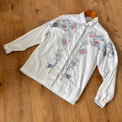 Camisa Blusa Top Vintage Años 90 Floral Bordada 10 12 Blanca Multi Algodón Cottage Foto 1 de 4
