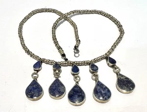 Vintage Afghan Hand Made Silver Tone Lapis Lazuli Pendant Necklace,47.5cm, A29 - Picture 1 of 8