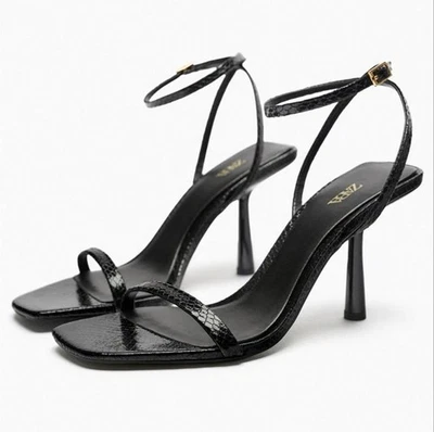 ZARA WOMEN STRAPPY SNAKE EFFECT HEEL SANDALS SHOES 7.5 BLACK 2319/110/091 PARTY - Image 1 of 4