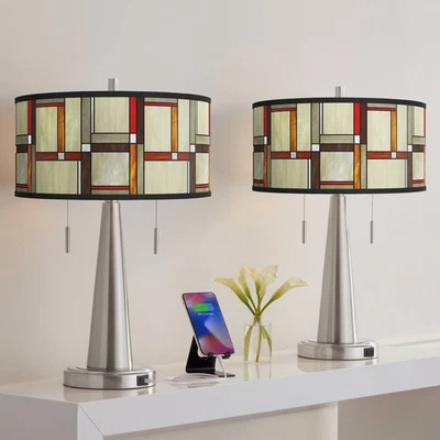 Modernas Lámparas de Mesa Cuadradas Vicki Níquel Cepillado USB Juego de 2 Foto 1 de 4