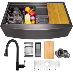 All-In-One Matte Black Finished Stainless Steel 33 In. X 22 In. Farmhouse Apron - Picture 1 of 12