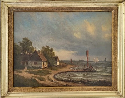 Pintura al óleo antigua. Artista desconocido (siglo XIX): ”Comunidad pesquera cerca de Kronborg” Foto 1 de 3