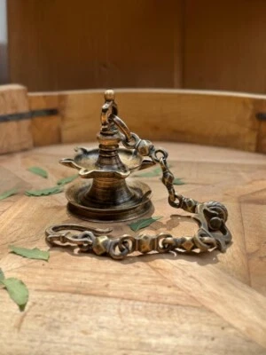 Antique Brass Hanging Diya Oil Light Lamp with Chain Original Old Fine Engraved - Image 1 of 4