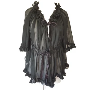 Vintage Sheer Black Boudoir Bed Jacket Size M Ruffle Tie-front Frothy Union Made - Picture 1 of 7
