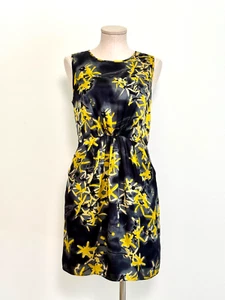 Y2K MILLY NEW YORK black yellow SILK sheath DRESS w POCKETS wedding 6 USA demure - Picture 1 of 17