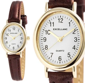 kleine Damenuhr Frauen Armbanduhr Oval Braun Gold Kunstleder 19/265 Excellanc - Bild 1 von 6
