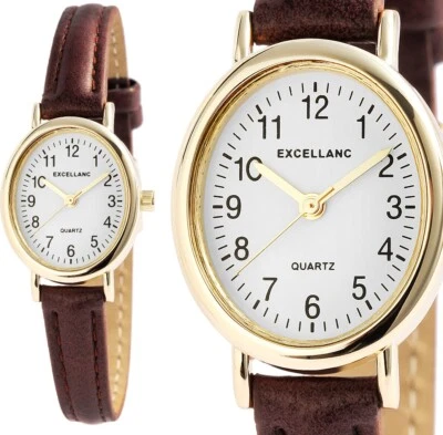 kleine Damenuhr Frauen Armbanduhr Oval Braun Gold Kunstleder 19/265 Excellanc - Bild 1 von 4