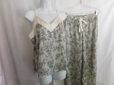 Pijama de satén Ann Taylor para mujer 2 piezas marfil y azul árboles pijamas talla pequeña Foto 1 de 4