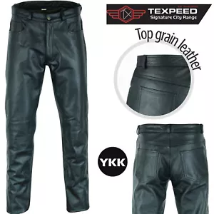 Mens Black Leather Trousers Motorbike Motorcycle Jeans Biker Cowhide Soft Pants - Picture 1 of 11
