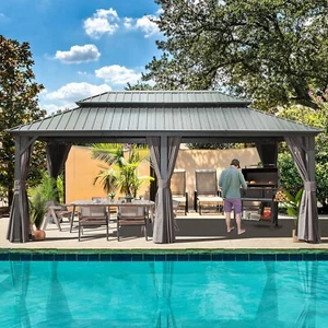 Domi 12' x 18' Hardtop Gazebo Outdoor Aluminum Gazebo w/Curtains and Net, Gray - Picture 1 of 7