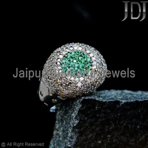 Handmade Ring Natural Emerald Gemstone Pave Diamond 925 Sterling Silver Ring - Picture 1 of 7