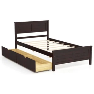 Twin Size Bed Frame 2 Large Slide-out Drawers W/Solid Wood Headboard & Footboard - Picture 1 of 9