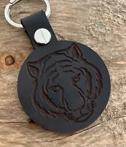TIGER HEAD Cat Zoo Leather Keyring Keychain Fob Gift Black - Picture 1 of 2