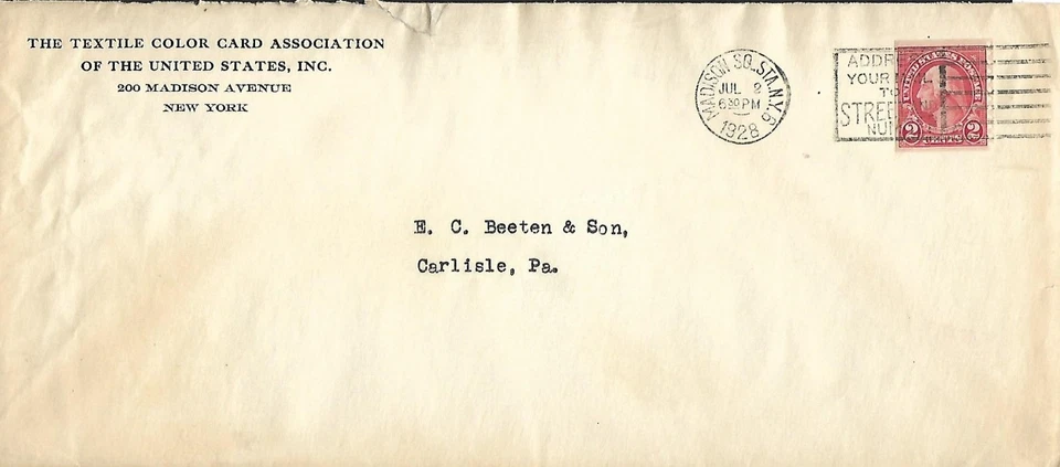 USA 1928 COVER MADISON SQUARE STATION TO CARLISLE PA ADVERTISING TEXTILES  - Image 1 of 1