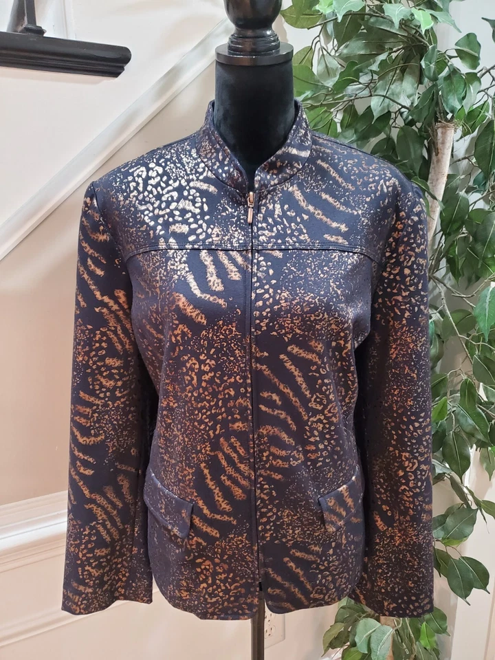 Alfred Dunner Navy Metallic Gold Mandarin Long Sleeve Full Zip Jacket Size 16 - Image 1 of 4