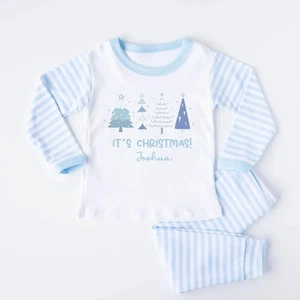 Personalised Blue Christmas Trees Blue Stripe Pyjamas - Picture 1 of 5