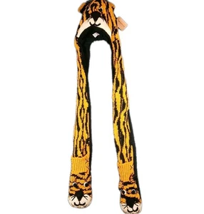 Samkhang Tiger Invierno Gorro y Mitones 100% Lana Tejido Hecho a Mano Nepal ¡NUEVO! - Imagen 1 de 11