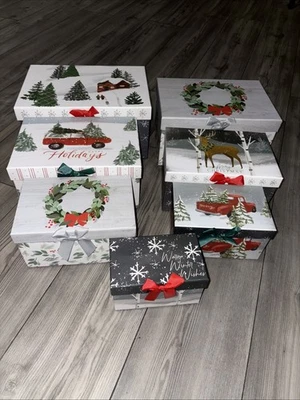 Holiday Style Painted Nesting Boxes Holiday Scenes 7 Boxes! Truck, Trees, Wreath - Image 1 of 4
