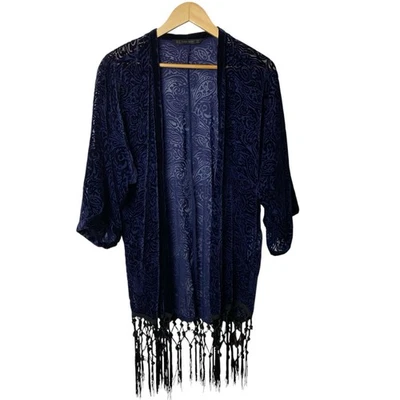 ZARA Terciopelo Burnout Kimono M Azul Marino Paisley Flecos Boho Caprichoso Festival Foto 1 de 4