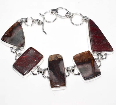 Elegante pulsera de jaspe rojo enchapada en plata 925 con piedras preciosas hecha a mano 7,5" GW Foto 1 de 3