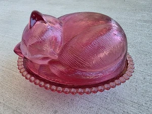 Vintage rosa Glas Katze bedeckt Schale - 7" Perlen Rand - Bild 1 von 6