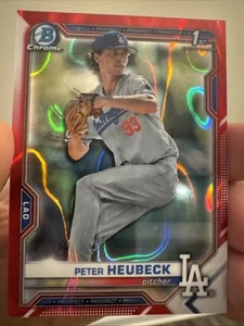 🔥🔥🔥2021 1st Bowman Chrome Red Refractor Lava Peter Heubeck #/5 Dodgers - Picture 1 of 2
