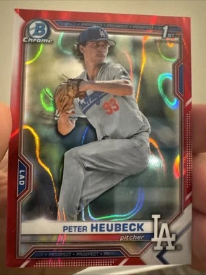🔥🔥🔥2021 1st Bowman Chrome Red Refractor Lava Peter Heubeck #/5 Dodgers - Image 1 of 2