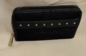 Big Buddha Black Suede Gold Studded CC Slots Zippered Wallet Clutch - Picture 1 of 14