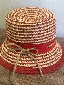 Nordstrom RED & TAN STRAW BUCKET SUN HAT WITH NAUTICAL ROPE TRIM NWT - Picture 1 of 4