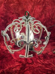 Vtg 3 Light Chandelier gold Metal ~beaded ~Plug In swag with fabric cord cover - Picture 1 of 10