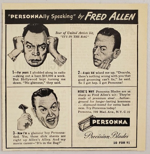 1945 Print Ad Personna Razor Blades Comedian Fred Allen Madison Avenue ...