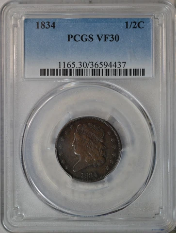 1834 Classic Head half cent, PCGS VF30..........Type Coin Company Cover