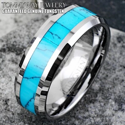 Tungsten Carbide Men's Turquoise Inlaid Comfort Fit Wedding Band Ring Size 5-13 - Image 1 of 4