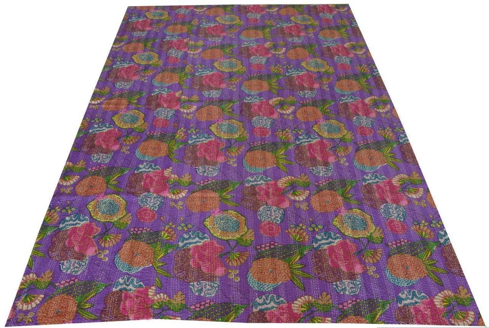 Indian Floral Kantha Quilt Bedding Reversible Handmade Bedspread Twin Size Throw - Image 1 of 1