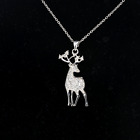 New Silvertone Stag Deer With White Crystal Stones 14"chain 3" Extender Necklace