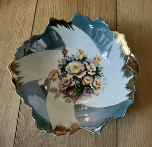 Vintage Floral Decorative Bowl ~ Gold Gilt Edging ~ Blue Luster-like ~ Roses 8” - Bild 1 von 14