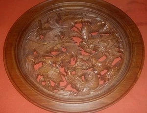 Erstaunliche chinesische handgeschnitzte hölzerne Drachen 11" Wandplakette - Bild 1 von 6