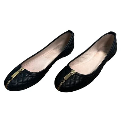 Vince Camuto Quilted Leather Ballet Flats Size 6 1/2 M Black Gold Zipper Toe - Image 1 of 4