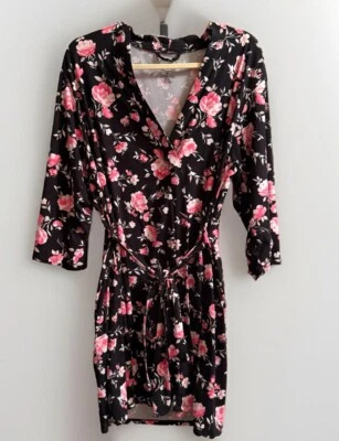 Sexy bata de mujer Laura Ashley manga 3/4 XL negra rosa floral suave atar cintura Foto 1 de 4