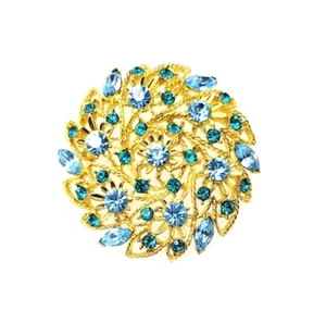Vintage Signed M. Jent Gold Tone Baby and Teal Blue Rhinestones Round Brooch Pin - Picture 1 of 5